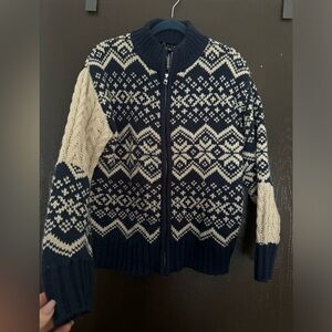 Men's Navy and Cream Zip-Up Sweater